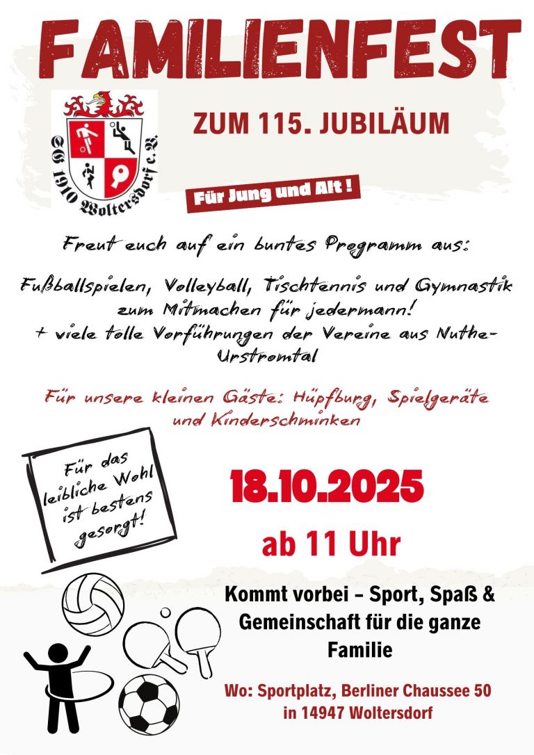 Einladung zum Jubiläum der SG 1910 Woltersdorf